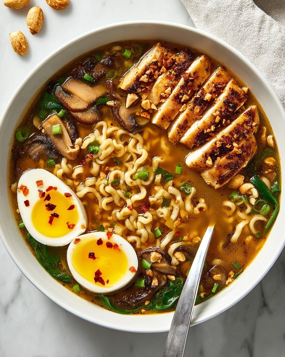 A white bowl filled with ramen soup resting on a white marbled surface, showing a rich broth with light brown color. Inside, there are curly pale yellow noodles spread throughout the bowl. On one side, four slices of grilled chicken with a golden brown crust and small garlic pieces sit neatly. Two halves of a soft-boiled egg with bright yellow yolks and white edges are placed near the center. Scattered on top are dark brown cooked mushroom slices and pieces of green onions adding fresh green pops. A woman's hand with pink nail polish holds a spoon lifting some noodles and broth from the right side of the bowl. Photo taken with an iphone --ar 4:5 --v 7