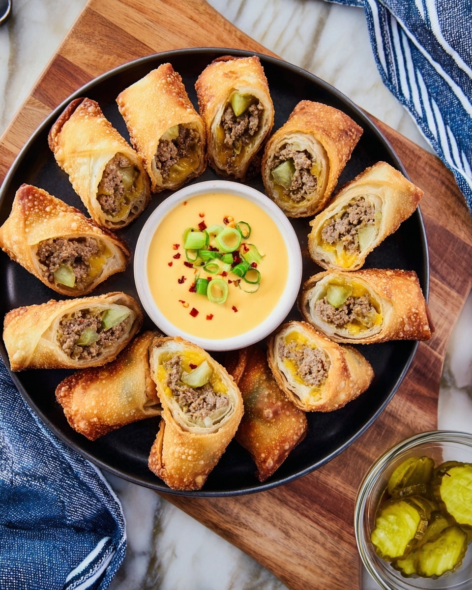 A black round plate is filled with golden brown, crispy fried rolls cut in half, showing layers of light, flaky outer dough and a filling of ground meat mixed with small green pickles and melted yellow cheese inside each piece; these rolls encircle a small white bowl of creamy yellow cheese sauce garnished with chopped green onions and red pepper flakes, all placed on a wooden round board resting on a blue cloth with a white marbled surface underneath; to the side, there is a small clear glass bowl with slices of pickles. photo taken with an iphone --ar 4:5 --v 7