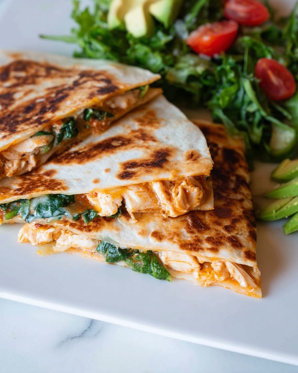 A close-up of a stack of four triangular quesadilla pieces with a golden-brown crispy outer tortilla layer, showing gooey melted light orange and white cheese mixed with cooked chicken pieces and green spinach leaves inside each layer. The quesadilla is placed on a wooden board, and in the blurred background, half an avocado is visible. The cheese looks stretchy and soft, and the chicken pieces have a slightly textured, cooked look. The overall colors range from the warm brown of the cooked tortilla to the bright green and creamy orange inside. Photo taken with an iphone --ar 4:5 --v 7
