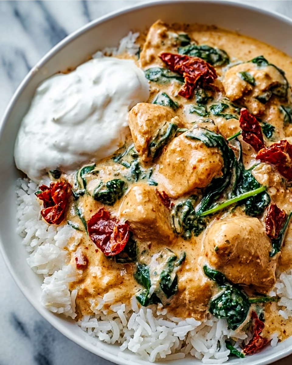 The image shows a white bowl filled with a bed of white rice at the bottom. On top of the rice, there is a creamy orange sauce covering bite-sized pieces of chicken. Mixed into the sauce are wilted green spinach leaves and small chunks of red sun-dried tomatoes. A dollop of thick white yogurt sits neatly on one side of the bowl, adding a smooth, cool contrast to the rich sauce. The textures vary from the soft rice to the tender chicken, creamy sauce, and fresh spinach, all presented on a white marbled surface. Photo taken with an iphone --ar 4:5 --v 7