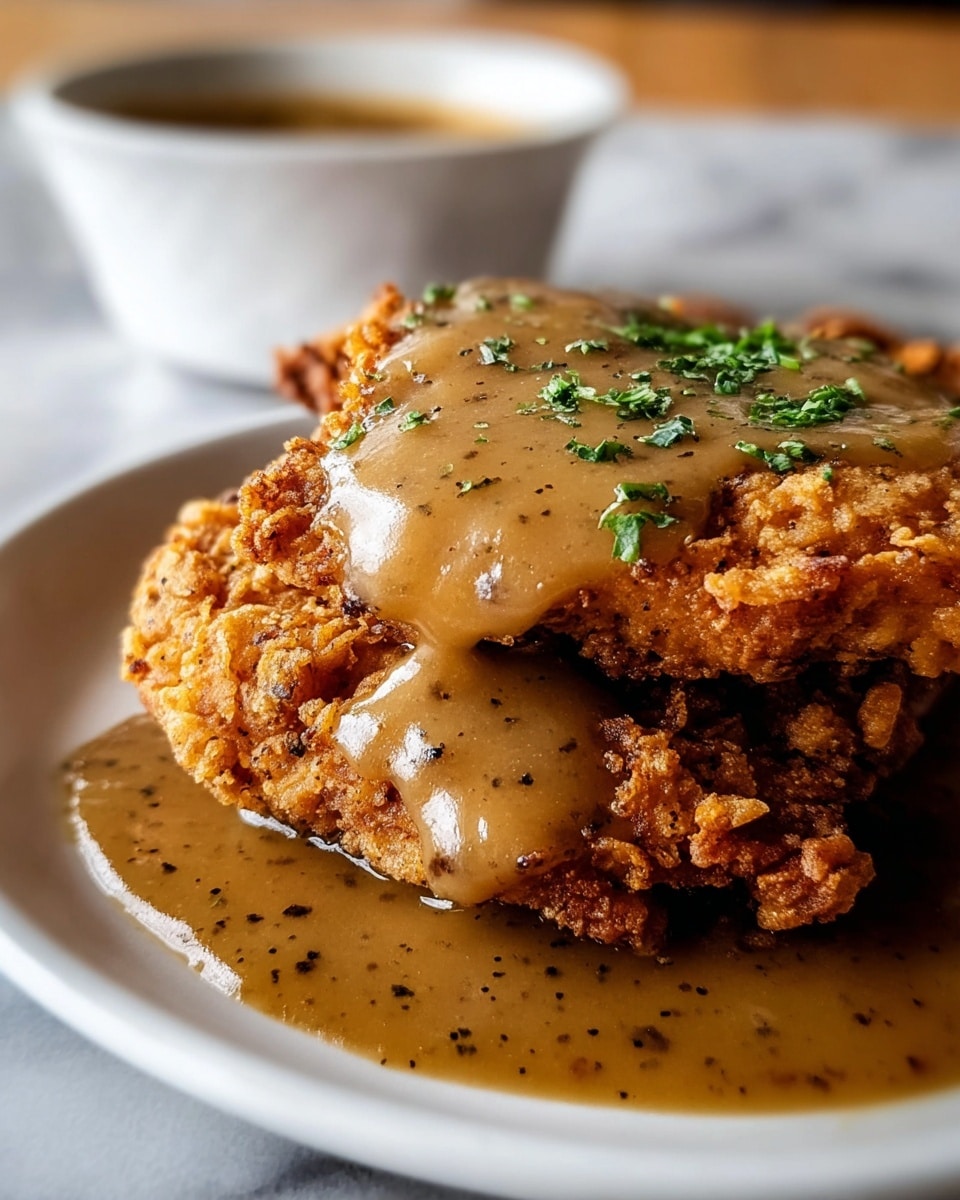 The dish shows a crispy, golden-brown fried cutlet as the main layer in the center, covered with a thick, light brown gravy sprinkled with small green herb pieces. Under the cutlet, more gravy spreads lightly on the white plate’s surface. In the background, there is a creamy, off-white mound of mashed potatoes with small green herb bits scattered on top. The dish is placed on a white marbled texture surface, photo taken with an iphone --ar 4:5 --v 7