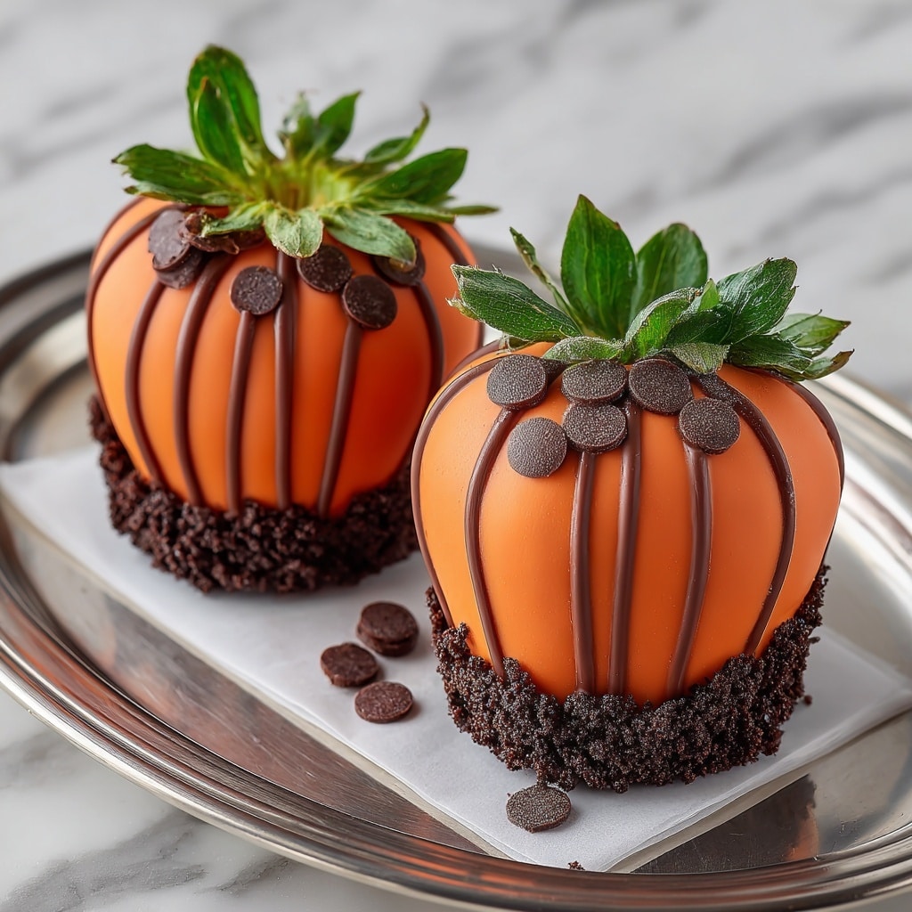The image shows two sets of chocolate strawberries decorated to look like small pumpkins. Each strawberry is coated in smooth, bright orange chocolate with vertical lines to mimic pumpkin ridges, and topped with fresh green strawberry leaves. The strawberries are arranged on a dark, crumbly chocolate base that looks like soil with small chocolate discs scattered across it to add texture. The base is placed on a silver tray and a piece of white parchment paper respectively, both resting on a white marbled surface. The overall look is a neat, colorful fall-themed dessert arrangement. photo taken with an iphone --ar 4:5 --v 7