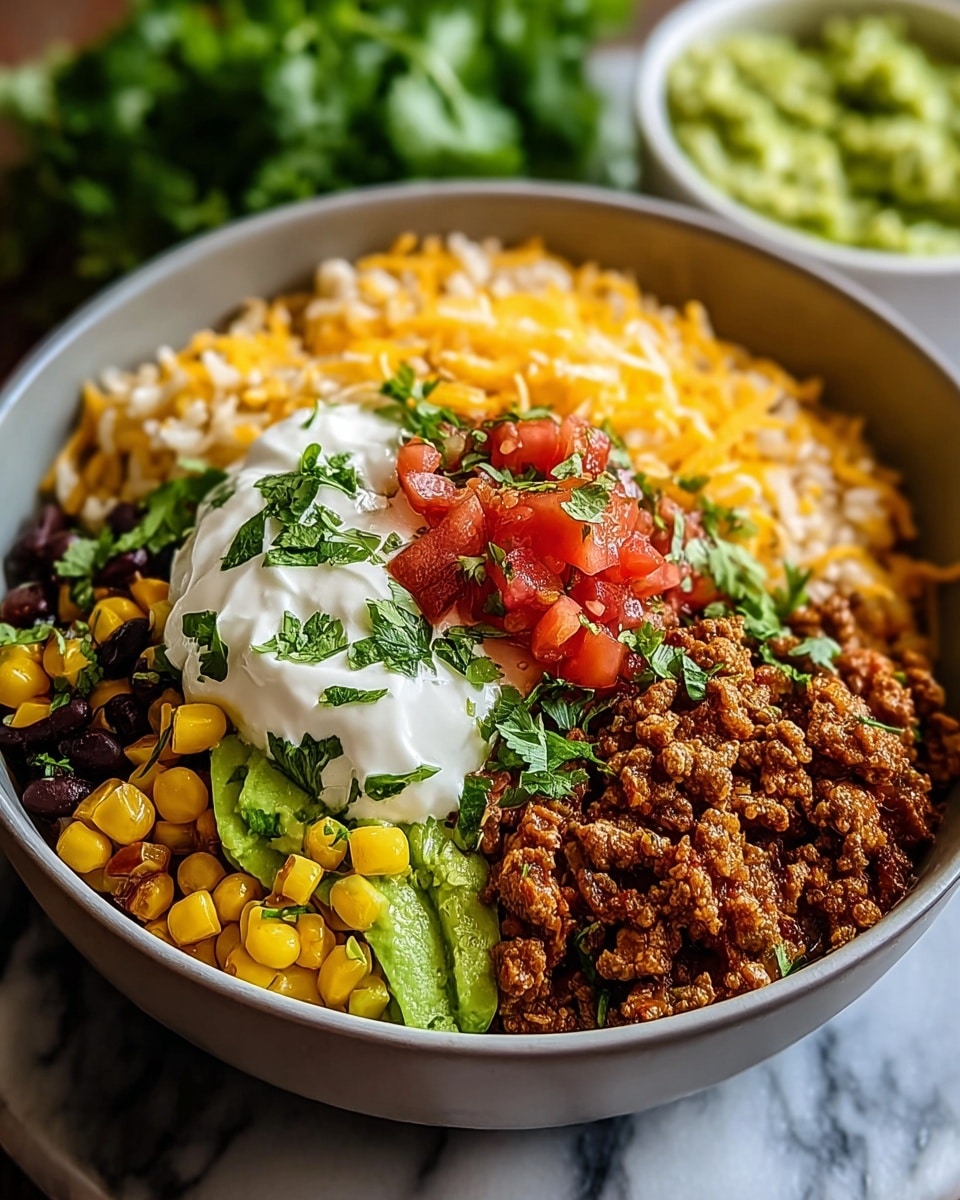 A white bowl with multiple colorful layers starting with cooked yellow rice mixed with black beans on the bottom, topped with cooked ground beef mixed with diced green peppers, followed by a bright yellow corn layer to the right, shredded orange cheese on the far left, and fresh green avocado slices on the far right. In the center is a dollop of white sour cream sprinkled with chopped fresh green herbs, and small diced red tomatoes scattered around the middle. The bowl is set on a white marbled surface with a blurred green sauce bowl in the background. Photo taken with an iphone --ar 4:5 --v 7