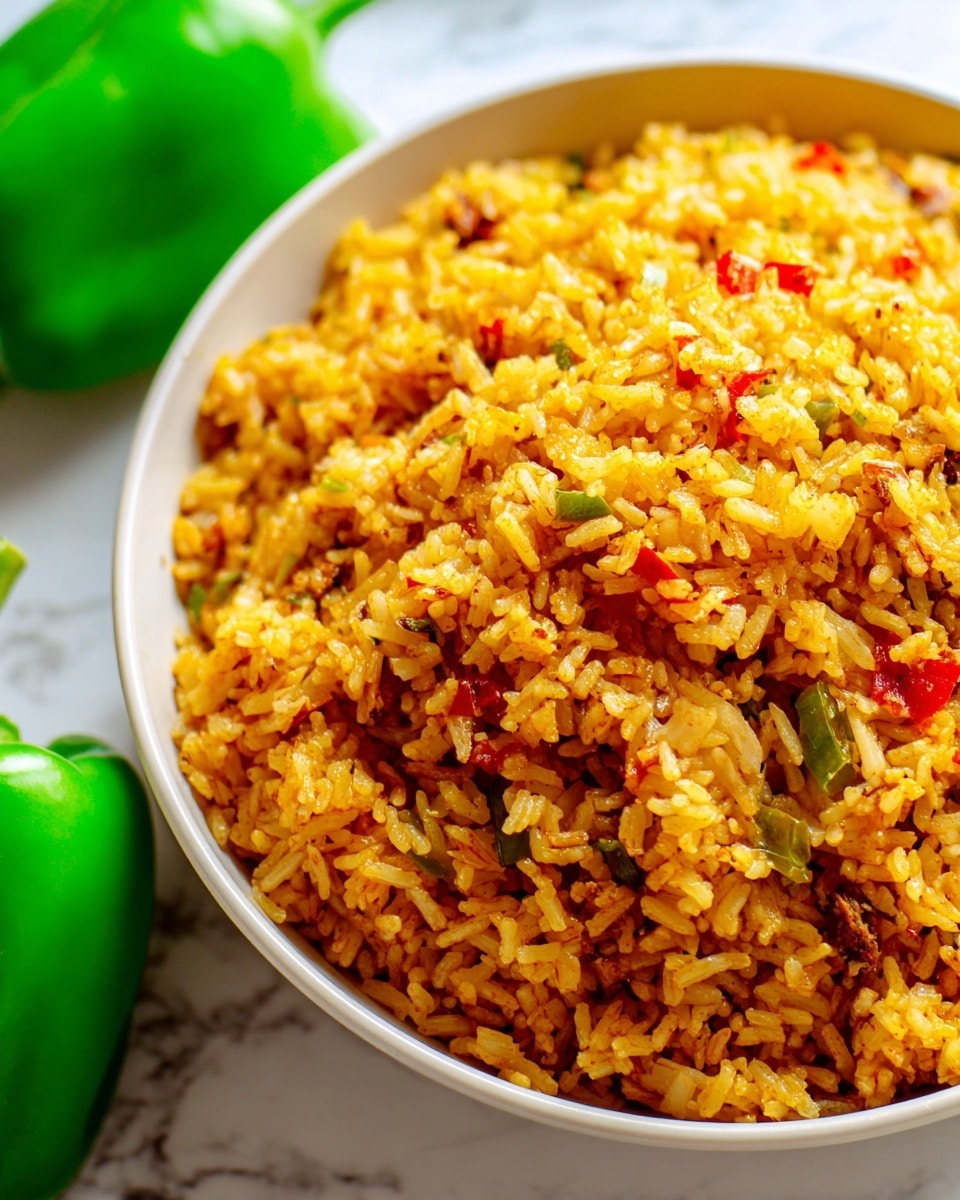 A large white bowl filled with fluffy yellow-orange rice mixed evenly with small bits of red and green peppers, giving the rice a colorful, textured appearance. The rice grains are separate and soft, with visible spices that give a warm hue. Around the bowl, an onion and red and green bell peppers are slightly blurred on a white marbled surface, adding to the fresh, bright setting. photo taken with an iphone --ar 4:5 --v 7