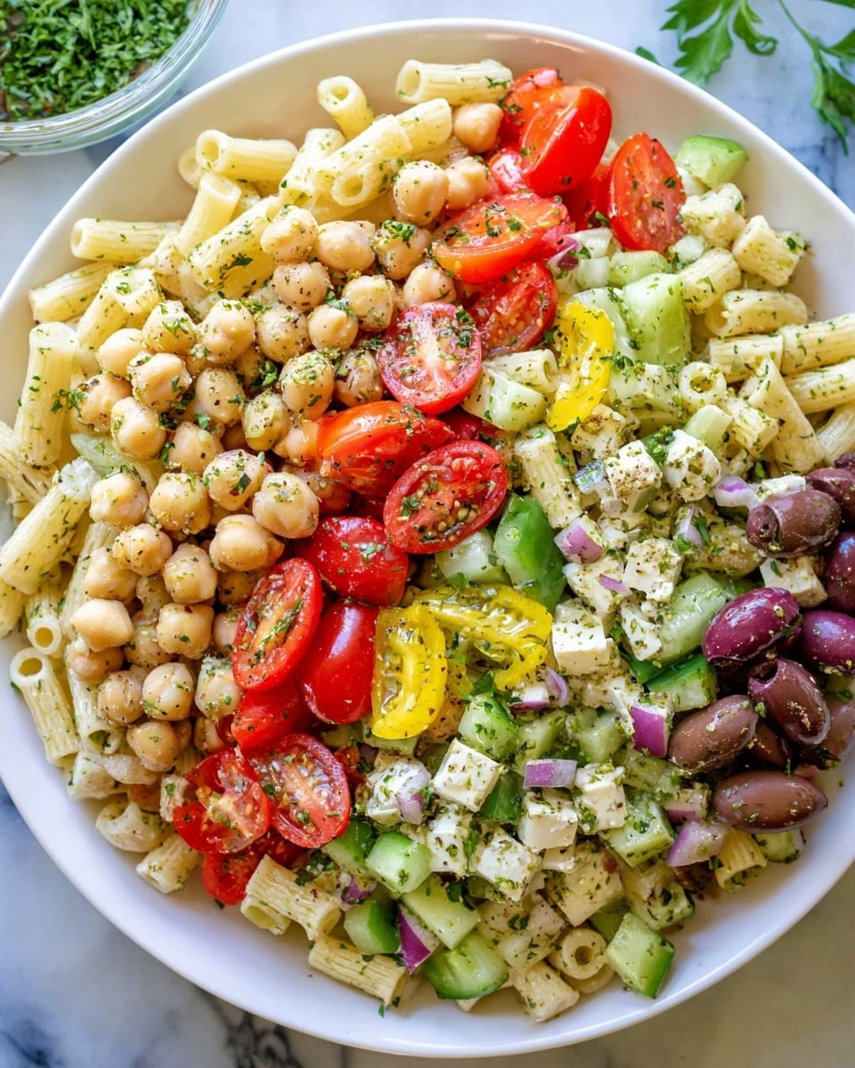 A white plate full of a colorful pasta salad placed on a white marbled surface. The salad has three main layers: the base layer is short pasta sticks in a light cream color mixed evenly throughout, the second layer includes bright red cherry tomato halves and light brown chickpeas, and the top layer has chopped green celery and olives in dark brown and green shades scattered all over. The salad is lightly sprinkled with chopped fresh herbs and a dusting of black pepper, giving it a fresh and textured look. Photo taken with an iphone --ar 4:5 --v 7