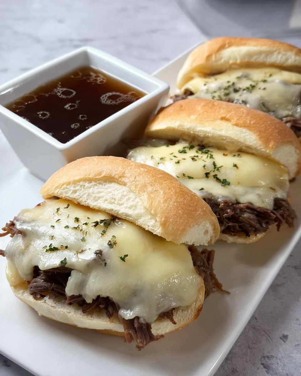 Two sandwich halves sit on a white plate with a black and white checkered paper underneath, placed on a white marbled texture. Each sandwich has three visible layers: the soft golden-brown hoagie roll on the outside, thin slices of cooked brown meat in the middle, and melted white cheese on top of the meat that looks slightly glossy and stretchy. A small white bowl filled with dark brown dipping sauce is positioned in front of the sandwiches. The edges of the bread are slightly textured and the cheese has some herbs sprinkled on it. Photo taken with an iphone --ar 4:5 --v 7