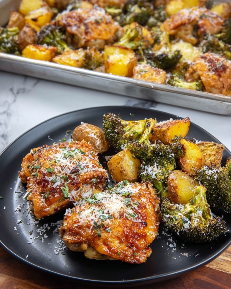 The image shows a black plate with two well-cooked golden-brown chicken thighs positioned on the left side. On the right side, there is a mix of roasted baby potatoes and broccoli florets, all with crispy browned edges and sprinkled with finely chopped herbs. Some grated cheese is scattered lightly over the chicken and vegetables. In the background, there is a metal baking tray filled with the same roasted chicken, potatoes, and broccoli. The setting is on a wooden surface with a white marbled texture underneath. photo taken with an iphone --ar 4:5 --v 7