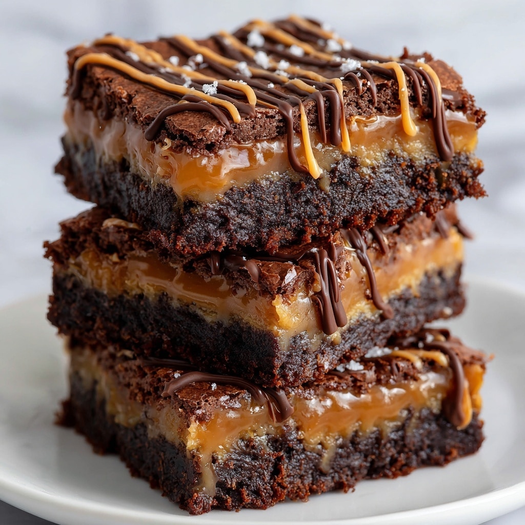 The image shows a stack of three thick brownie squares on a white marbled surface. Each brownie has a rich, dark brown base with a dense, chewy texture visible in the layers. On top of the dark base is a visible layer of gooey caramel that stretches slightly over the edges. The brownies are decorated with thin drizzles of both dark chocolate and caramel sauce creating a striped pattern across the top. The brownies' edges look slightly crunchy while the centers appear moist and fudgy. Photo taken with an iphone --ar 4:5 --v 7