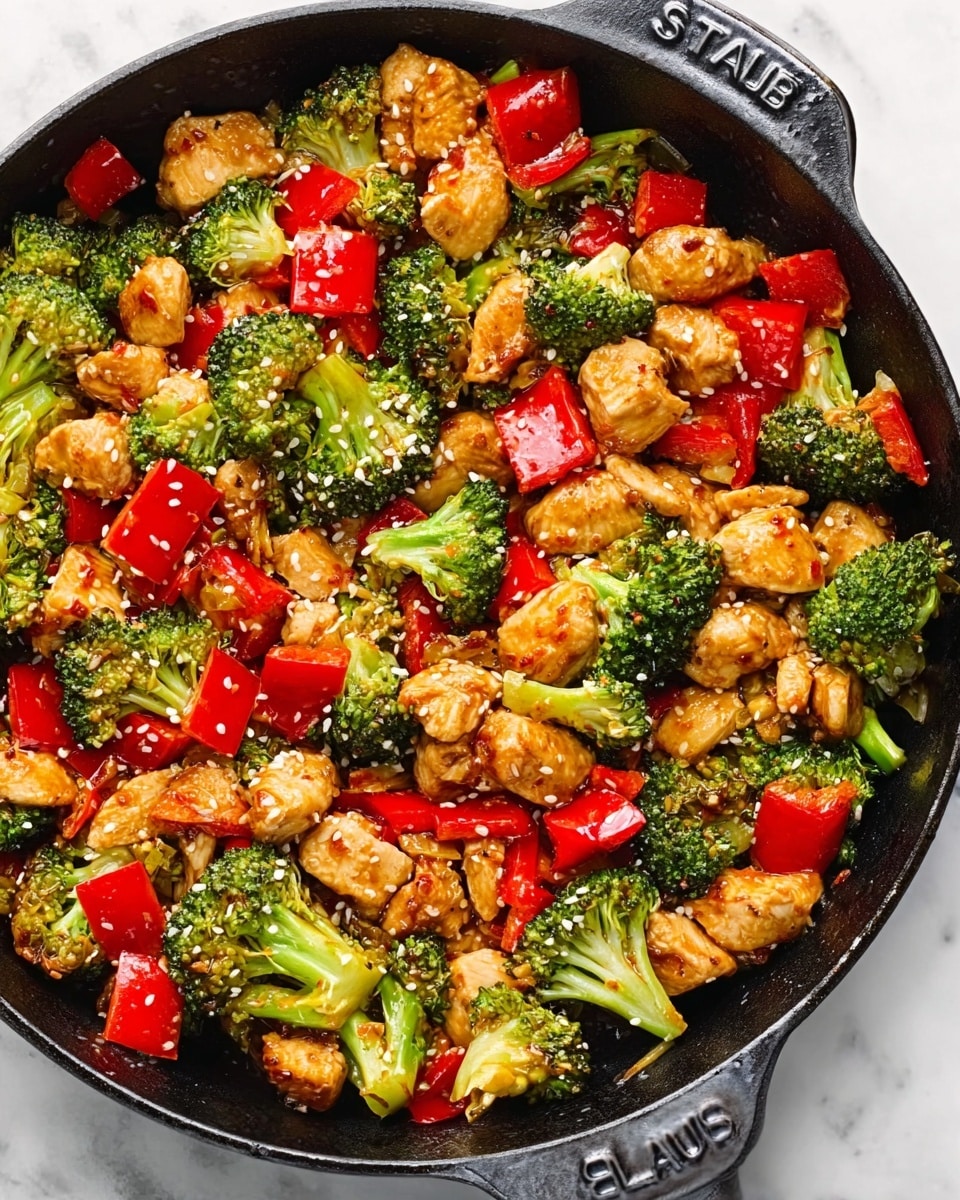 The image shows a round white pan filled with a colorful mix of cooked chicken pieces, bright green broccoli florets, and chunks of red bell pepper. The chicken pieces are browned, showing a slightly crispy texture, and scattered evenly among the fresh, green broccoli and the shiny, red bell peppers. The vegetables look cooked but still firm, adding a mix of green and red colors against the golden-brown chicken. The background surface below the pan is a white marbled texture, adding a clean and elegant look. photo taken with an iphone --ar 4:5 --v 7