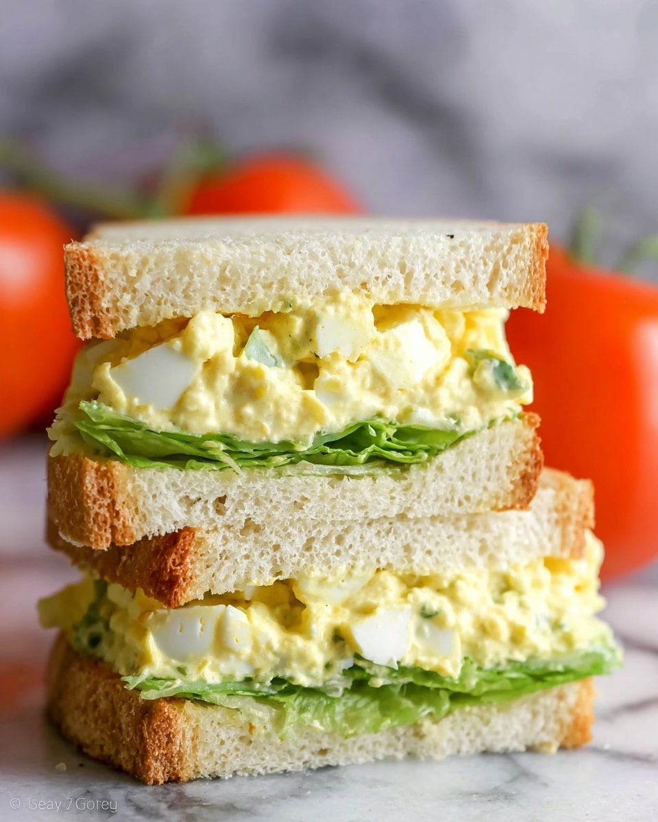 The image shows a close-up of a sandwich cut in half and stacked, featuring three main layers: the top and bottom layers are soft, white sandwich bread with a light golden crust, and the middle layer is a creamy yellow egg salad with visible pieces of white egg and green celery. At the very bottom inside the sandwich, there is a layer of fresh green lettuce. The sandwich sits on a surface with a white marbled texture, and in the blurry background, two ripe tomatoes add a bright splash of orange-red color. Photo taken with an iphone --ar 4:5 --v 7