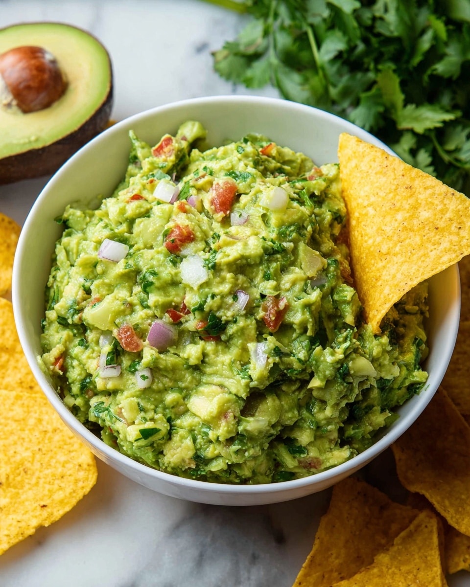A close-up view of a white bowl filled with chunky guacamole, showing a mix of bright green mashed avocado with visible pieces of red tomato and chopped green herbs. The guacamole texture is thick and slightly coarse, with one yellow tortilla chip dipped into the right side of the bowl, partly covered by the guacamole. Surrounding the bowl are several more yellow tortilla chips scattered loosely, with a lime wedge and half an avocado partially visible in the blurred background on a white marbled surface. Photo taken with an iphone --ar 4:5 --v 7