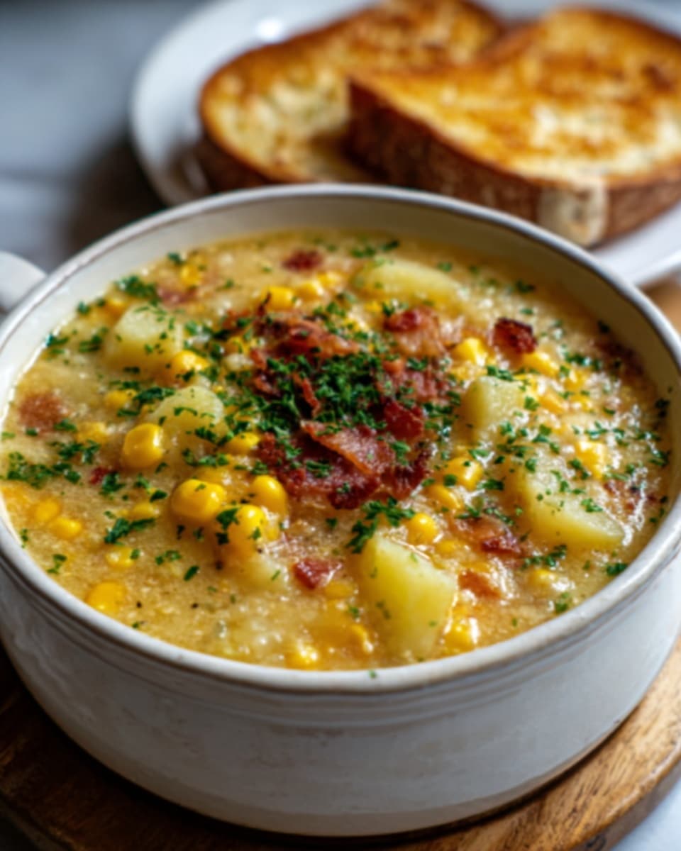A close-up of a deep round white bowl filled with thick soup showing multiple layers: a pale yellow broth with visible small chunks of potatoes, bright yellow corn kernels, and orange carrot pieces, all mixed together. On top, there are small bits of crispy cooked bacon scattered along with finely chopped fresh green herbs, likely parsley, adding a pop of color. The soup’s texture looks hearty and creamy with a slightly oily surface. In the background, another similar bowl and two slices of bread resting on a wooden board are partly visible. The whole scene is set on a white marbled surface. Photo taken with an iphone --ar 4:5 --v 7