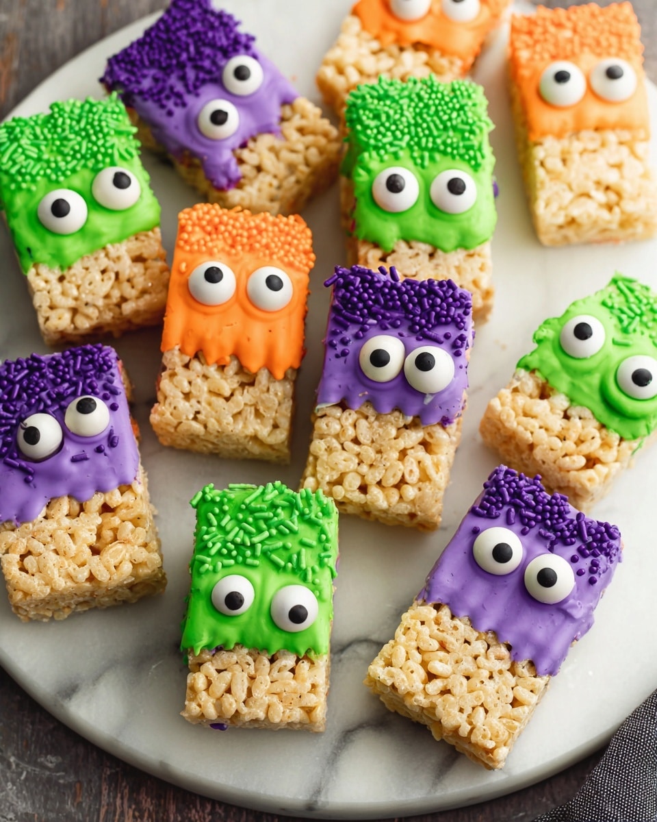 The image shows small square rice crispy treats with three different colored dipped tops: bright green with green sprinkles, bright orange with orange sprinkles, and purple with purple sprinkles. Each treat has candy eyes placed on the dipped frosting, ranging from one to five eyes per treat, giving a monster-like look. The treats are arranged on a white marbled surface and a wooden board with a piece of gray and white textured cloth nearby. The crispy base is light tan and bumpy, with the smooth, colorful frosting covering the top third of each treat. photo taken with an iphone --ar 4:5 --v 7