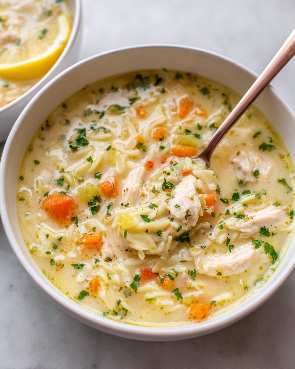 A white bowl with creamy chicken soup fills the frame; the soup has a thick broth with a pale yellow color, chunks of tender white chicken pieces, small orange carrot cubes, bits of green celery, and short pasta strands mixed throughout. The surface of the soup is dotted with fresh green herb bits, likely parsley, adding contrast to the soft textures. A white slice of lemon is tucked on one side of the bowl, and a shiny rose gold spoon resting inside the bowl holds some of the soup with pasta and carrot pieces. The bowl sits on a white marbled surface. photo taken with an iphone --ar 4:5 --v 7
