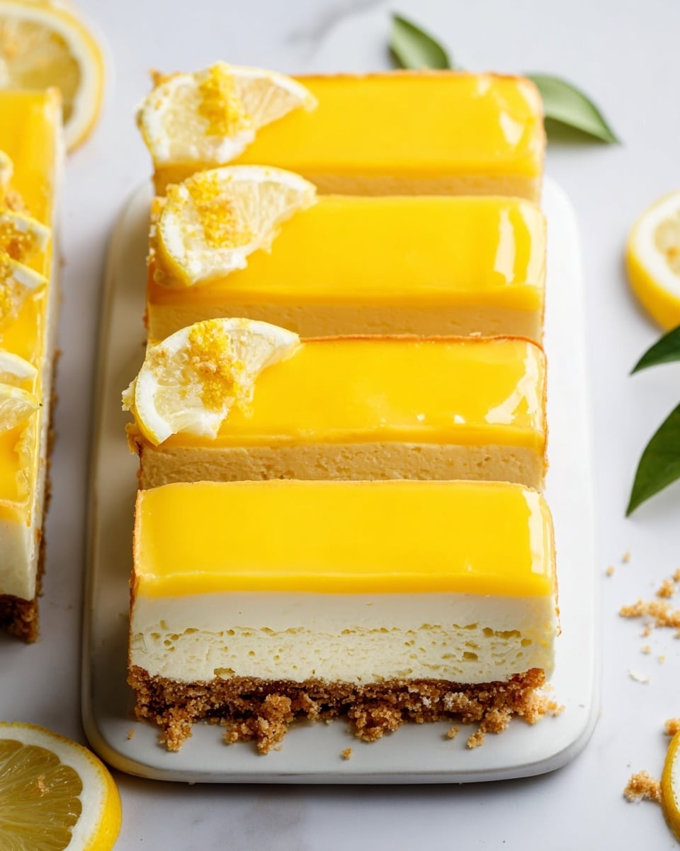 The image shows four rectangular slices of lemon cheesecake lined up vertically on a white plate, placed on a white marbled surface. Each slice has three clear layers: a crumbly light brown crust at the bottom, a creamy pale yellow cheesecake layer in the middle with a soft, smooth texture, and a bright yellow glossy lemon topping on top. The lemon layer is shiny and slightly thick, covering the entire top surface. Two slices have a small, thin lemon wedge placed on top for decoration. There are some crumbs scattered around the slices on the plate, and additional lemon slices and green leaves are partly visible around the plate edges. photo taken with an iphone --ar 4:5 --v 7