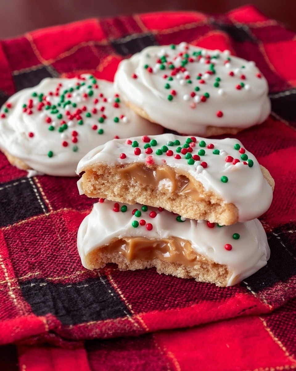 Two white candy clusters with a lumpy texture covered in white coating and topped with small red, green, and white round sprinkles rest on a white marbled texture. One cluster is whole, while the other is stacked with two halves on top, revealing a light brown crunchy inside with a peanut-studded layer. The background shows a red and black checkered cloth beneath the candies. Photo taken with an iphone --ar 4:5 --v 7