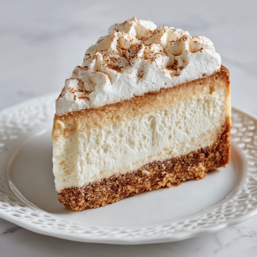 A round pie with three visible layers sits on a clear glass pie dish on a white marbled surface with autumn leaf decorations. The bottom layer is a crumbly, golden-brown crust. The middle layer is a smooth, light orange filling, while the top layer is a thick, white whipped cream sprinkled with a light dusting of cinnamon. A slice has been removed from the pie and placed on a white plate with a decorative lace-like edge, showing the layered structure clearly. A cup of black coffee in a white cup is nearby, along with a metal pie server. photo taken with an iphone --ar 4:5 --v 7