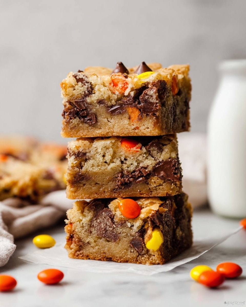 The image shows a stack of three thick dessert bars on a white marbled surface, each bar having a soft, crumbly golden-brown base with visible chunks of milk chocolate and colorful candy-coated chocolate pieces in yellow, orange, and brown scattered throughout. The top bar clearly displays a melted chocolate piece embedded in the surface, with a slightly cracked texture around it, while the middle and bottom bars reveal a dense, moist crumb with swirls of chocolate and candy. Around the stack, a few loose candy-coated chocolates lie scattered, with a blurred white jar in the background. photo taken with an iphone --ar 4:5 --v 7