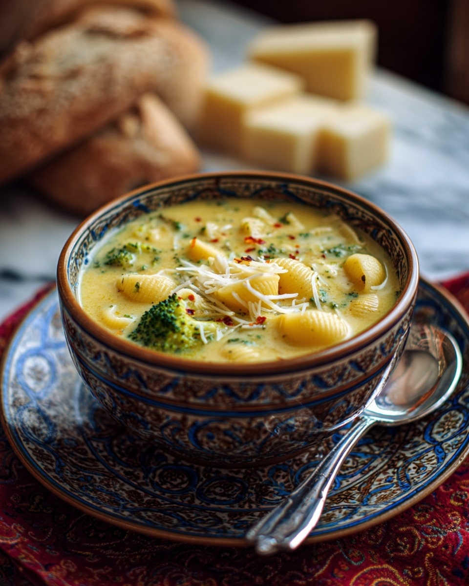 A blue textured bowl filled with creamy soup sits on a matching blue textured plate, both placed on a red patterned cloth over a white marbled surface. The soup has three main layers: a light yellow creamy base, medium-sized green broccoli pieces, and small yellow shell pasta scattered throughout. The soup is lightly sprinkled with green herbs and some reddish seasoning on top, adding a touch of color contrast. A silver spoon rests partly on the plate beside the bowl. In the blurred background, there are out-of-focus slices of bread and a block of cheese. photo taken with an iphone --ar 4:5 --v 7
