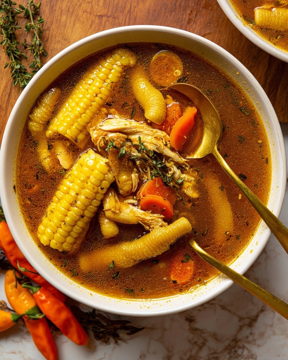 A white bowl filled with rich brown broth contains several layers of ingredients. At the bottom, there are pieces of yellow corn on the cob with glossy kernels, and chunks of yellow plantain curving along the bowl’s edge. Mixed throughout are orange carrot slices and small pieces of tender meat with visible texture. Fresh green herbs rest lightly on top, adding a touch of color. A bronze spoon sits in the bowl holding a piece of meat, resting on the edge near the plantain. The bowl is placed on warm brown wood with scattered green herbs and small bright orange peppers nearby, complemented by a textured orange cloth. Photo taken with an iphone --ar 4:5 --v 7