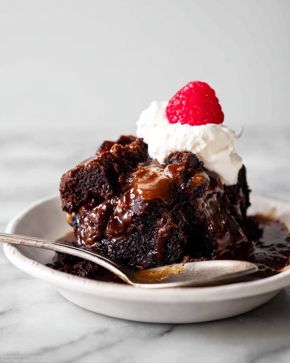 A close-up view of a layered chocolate dessert on a white plate, showing deep dark brown moist cake chunks soaked in shiny chocolate sauce. On top, there is a dollop of white whipped cream, and next to it, a bright red raspberry adds a pop of color. The dessert looks rich and gooey with uneven, crumbly textures. A metal spoon rests on the plate beside the dessert. The scene is set on a white marbled texture. photo taken with an iphone --ar 4:5 --v 7