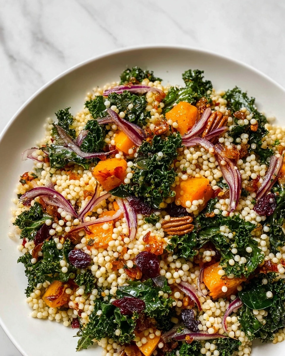 A close-up image of a couscous salad served on a white plate, placed on a white marbled surface. The dish features small, white couscous grains spread across the plate, mixed evenly with green curly kale leaves that add a fresh, textured look. Scattered throughout are bright orange roasted butternut squash chunks, deep red dried cranberries, and thin slices of light purple red onion. Small, brown pecan pieces are also spread across, adding contrast and crunch to the soft textures. The overall appearance is colorful with a balanced mix of textures and colors. photo taken with an iphone --ar 4:5 --v 7
