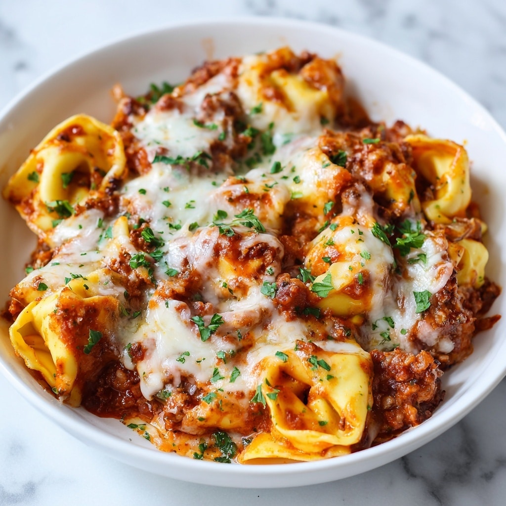 This image shows a white bowl filled with several pieces of tortellini pasta covered in a thick, rich meat sauce, with chunks of ground meat visible throughout. The pasta is a warm yellow color with a soft texture, coated evenly by the reddish-brown sauce. Melted white cheese is spread on top in a melting, gooey layer, with some parts more covered than others, allowing the sauce to peek through. Small pieces of bright green parsley are scattered over the entire dish, adding a fresh touch. The bowl is set on a white marbled surface. photo taken with an iphone --ar 4:5 --v 7