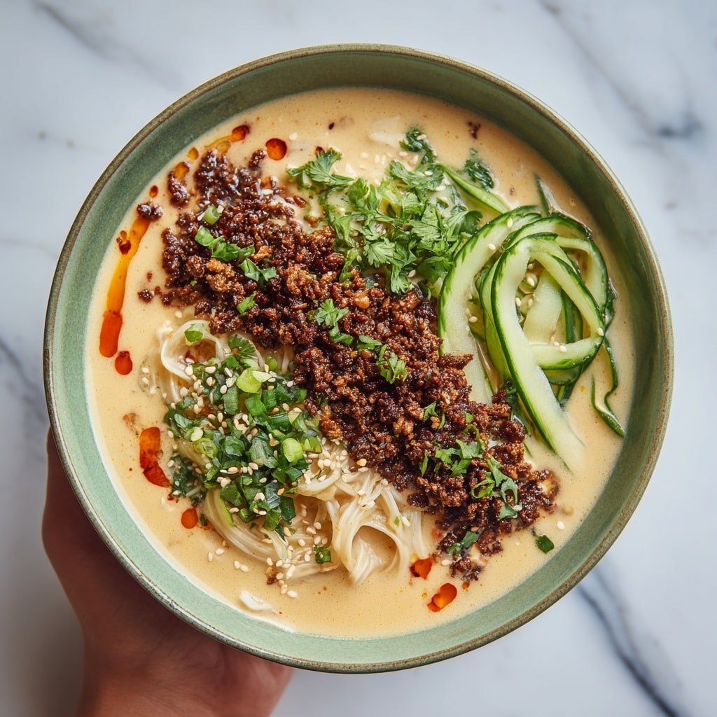 A bowl of creamy light brown soup with noodles forms the base layer filling most of the bowl. On top, there is a thick line of crumbled dark brown crispy bits sprinkled with sesame seeds in the middle. To the right, thin strips of green cucumber rest beside small chopped green herbs scattered all over the dish. There are droplets of red chili oil spread across the soup’s surface, giving a spicy look. The bowl is a light green ceramic, and a woman's hand is holding it on the right side against a white marbled surface. Photo taken with an iphone --ar 4:5 --v 7