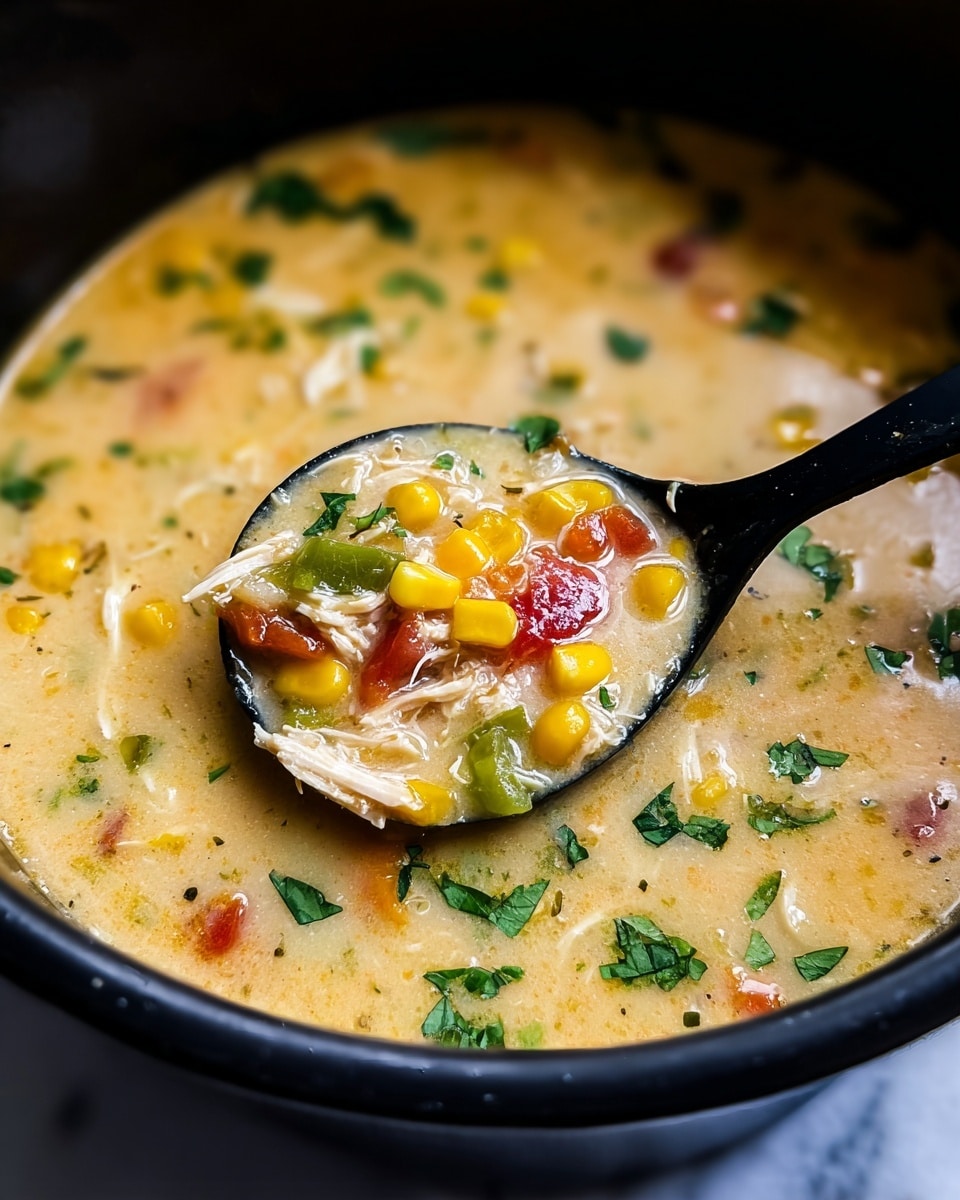 This image shows a close-up of a bowl filled with thick chicken soup. The soup has three main layers visible: a creamy light orange broth, white shredded chicken pieces scattered throughout, and small chunks of yellow corn and red tomato. There are also tiny dark green herbs sprinkled inside the soup, adding texture and color contrast. A black spoon is scooping up some of the soup, showing the broth and the shredded chicken clearly. The bowl is black and sits on a surface with a white marbled texture. Photo taken with an iphone --ar 4:5 --v 7
