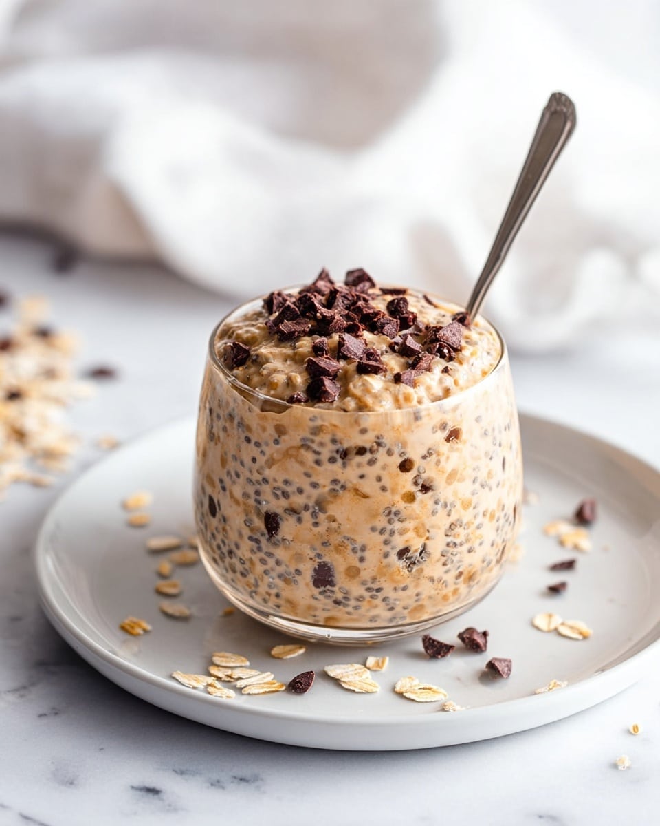 A glass cup filled with a creamy, light brown chia pudding mixed with oat flakes and scattered with dark brown chocolate chips inside and on top. The pudding has a thick, slightly lumpy texture with tiny black chia seeds visible throughout. A silver spoon is placed inside the cup, leaning on the right side. The cup sits on a white plate with a few oat flakes and chocolate chips lightly scattered around. The background is a soft white marbled surface with a blurred white cloth in the back. Photo taken with an iphone --ar 4:5 --v 7