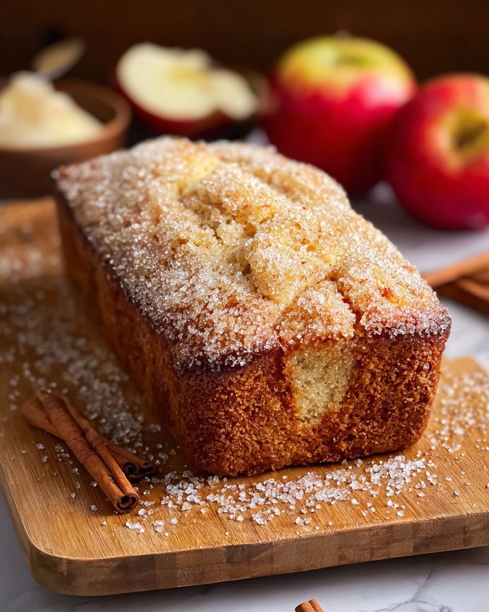 A golden brown loaf cake sits on a wooden cutting board, topped with a thick layer of coarse sugar that sparkles under the light. The crust is slightly cracked, revealing a soft and moist texture inside. The loaf is rectangular with rounded edges and a fluffy crumb visible at the top where it has risen unevenly. In the blurred background, two red apples, a cinnamon stick, and scoops of sugar and butter rest on a white marbled surface, adding warm, cozy elements to the scene. Photo taken with an iphone --ar 4:5 --v 7