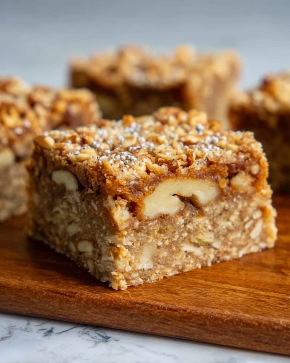 The image shows a square nut bar with three visible layers sitting on a wooden board. The bottom layer is dense and packed with finely chopped nuts and small bits, in a light brown color with a slightly crumbly texture. The middle layer is thicker, filled with larger pieces of walnuts and other mixed nuts, appearing chunky with a mix of beige, tan, and brown colors. The top layer is thin and crispy, sprinkled with tiny seeds and crushed nuts, giving a rough surface with a golden brown hue. The background is a white marbled texture. photo taken with an iphone --ar 4:5 --v 7