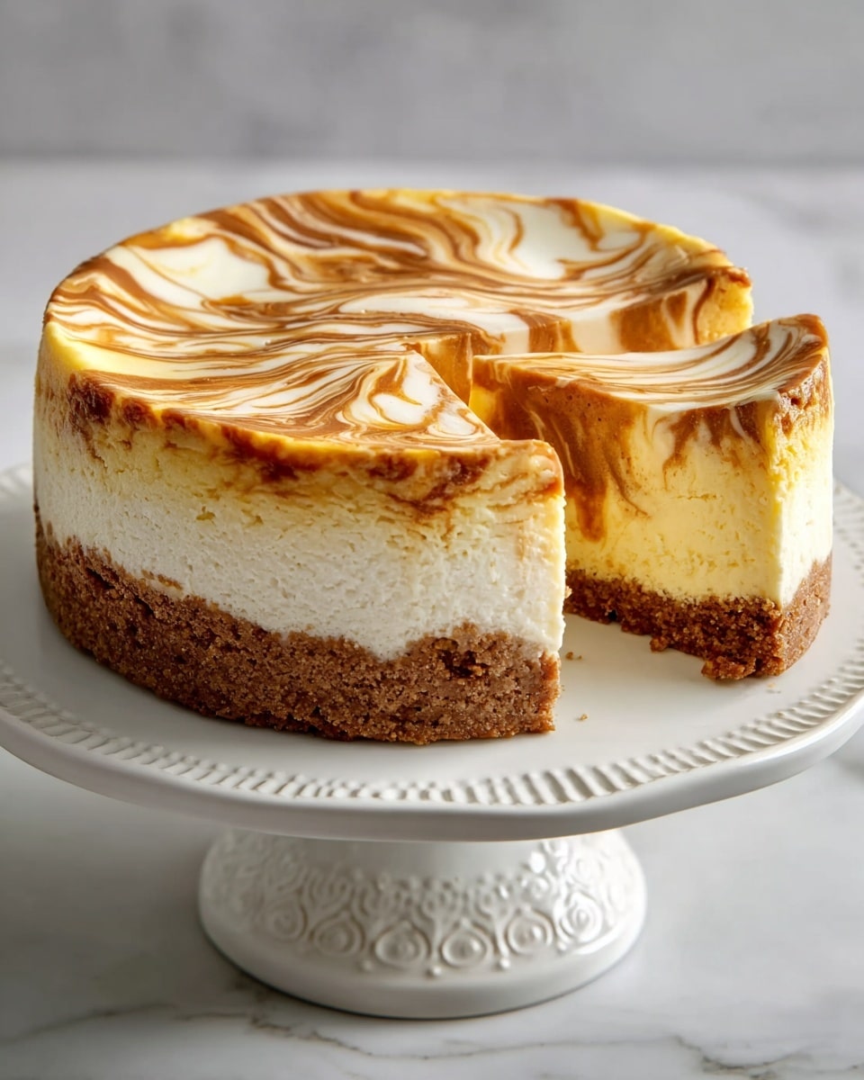 A round cheesecake with three visible layers sits on a white decorative cake stand over a white marbled surface. The bottom layer is a thick, crumbly brown crust. Above it is a thick creamy light yellow cheesecake layer with a smooth texture. The top layer is a swirl pattern in shades of caramel and white, creating a marbled look that covers the entire surface. A large slice is cut out from the cake, showing the inside layers clearly. The photo taken with an iphone --ar 4:5 --v 7