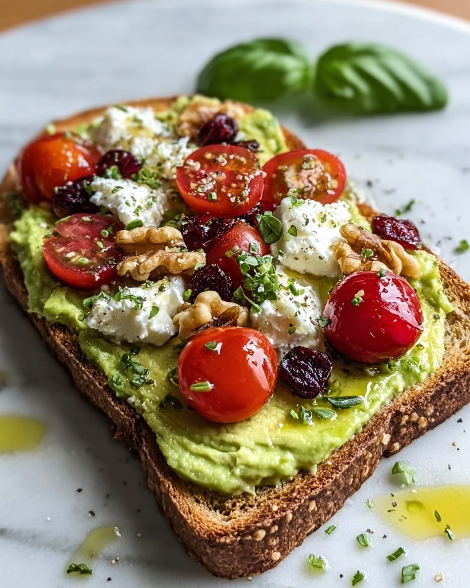 A single slice of toasted brown bread forms the base, with a layer of smooth, light green avocado spread evenly on top. On the avocado, there are small white chunks of cottage cheese scattered around. Bright red cherry tomatoes, some whole and some halved, are placed on the cheese, adding a shiny look. Pieces of walnut and dried dark red cranberries are also sprinkled over the toast. A fresh green basil leaf is placed near the top left of the toast. The toast is set on a white plate resting on a white marbled textured surface with small bits of chopped herbs and a drop of olive oil around it. photo taken with an iphone --ar 4:5 --v 7