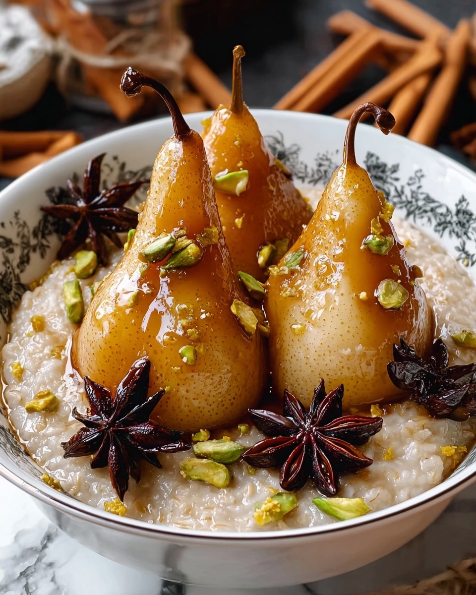 The image shows a white bowl filled with a creamy, beige oatmeal base. On top, there are four golden-brown poached pears with stems standing upright, evenly spaced. Surrounding the pears is a drizzle of glossy caramel sauce and sprinkled chopped green pistachios. Star anise pieces are placed near the pears, adding dark brown, star-shaped decorations. A silver spoon rests inside the bowl on the right side, partly covered with oatmeal. The bowl sits on a dark wooden surface with cinnamon sticks and a white marbled texture background. Photo taken with an iphone --ar 4:5 --v 7