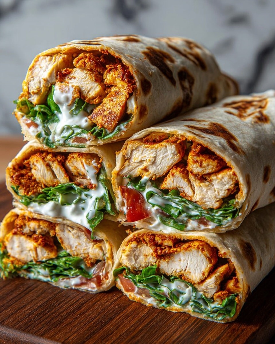The image shows four pieces of grilled wraps stacked on a wooden board. Each wrap has a light brown, slightly charred outside layer. Inside, the first layer is a mix of golden-brown grilled chicken chunks, the second layer is fresh green leafy spinach, the third layer has bright red roasted tomatoes, and there is a visible creamy white sauce with green herbs spread within the wrap. The wraps are cut in half to show the inside, and the wooden board rests on a white marbled textured surface. photo taken with an iphone --ar 4:5 --v 7