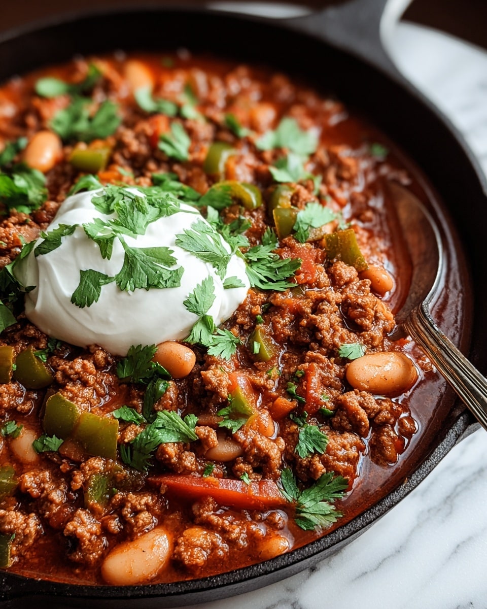 A black pot filled with a thick layer of chili made with ground meat, red kidney beans, and diced bell peppers in an orange-red sauce, topped with a generous layer of fresh green chopped cilantro spread evenly over the surface, sitting on a white marbled texture. Photo taken with an iphone --ar 4:5 --v 7