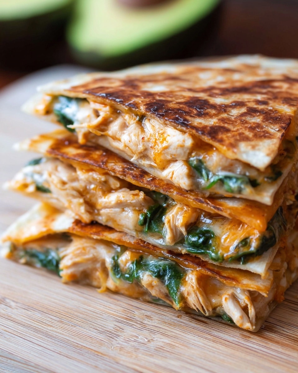 The image shows a white plate with a quesadilla cut into three triangular pieces, stacked partially on top of each other. The top layer is a golden-brown, slightly crispy tortilla with darker toasted spots. Inside, the filling has multiple layers visible: melted white cheese, chunks of light orange chicken mixed with green spinach leaves, and some creamy sauce blending the ingredients. On the side of the plate, there is a fresh salad with dark green lettuce, bright red cherry tomato halves, and some slices of green avocado, all set on a white marbled surface. photo taken with an iphone --ar 4:5 --v 7
