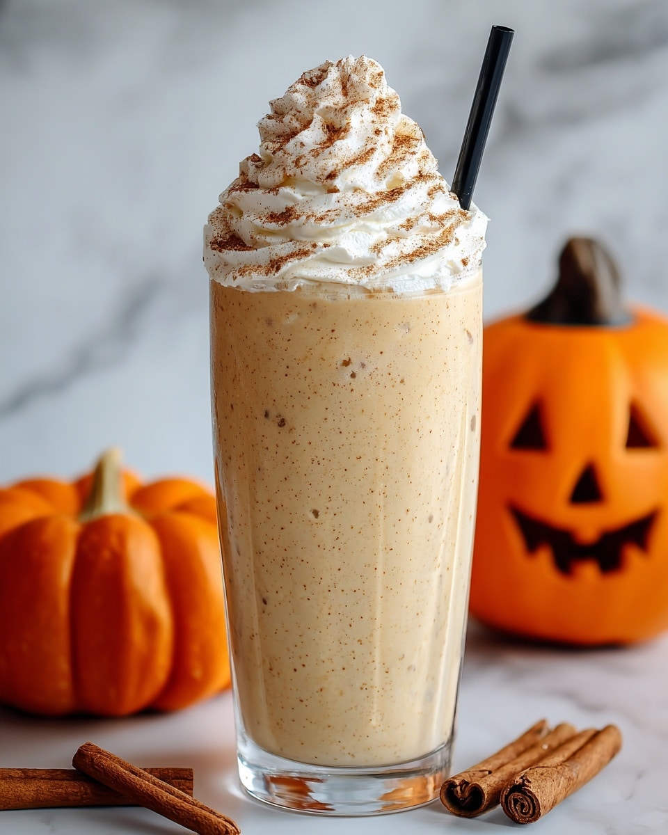 A tall clear glass filled with a creamy light brown pumpkin spice smoothie that has tiny brown specks throughout, topped with a generous swirl of white whipped cream dusted with cinnamon powder, and a black straw on the right side. The glass sits on a white marbled surface with three cinnamon sticks scattered around, with two orange pumpkins in the blurred background. photo taken with an iphone --ar 4:5 --v 7