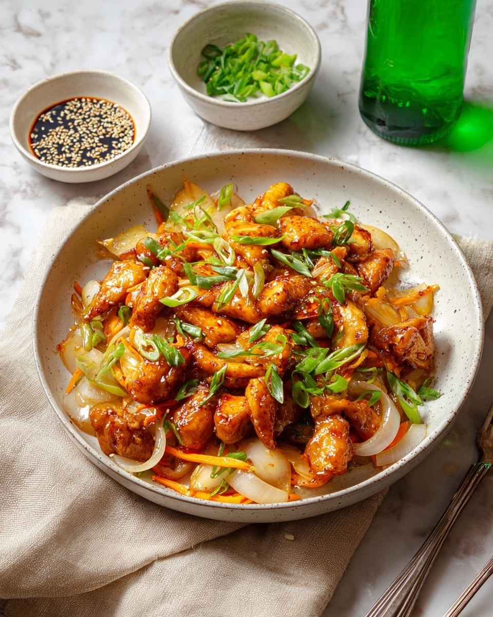 The image shows a close-up of a dish with multiple layers. The top layer consists of shiny, glazed chicken pieces with a dark orange sauce coating them, giving a rich, smooth texture. Beneath the chicken, there are slices of cooked white onions with a semi-translucent, soft look, mixed with thin, curly carrot strips for a splash of light orange. Small bright green chopped scallions are sprinkled over the dish, adding a fresh contrast. All the food sits inside a shallow white bowl, and the background is a white marbled texture. photo taken with an iphone --ar 4:5 --v 7