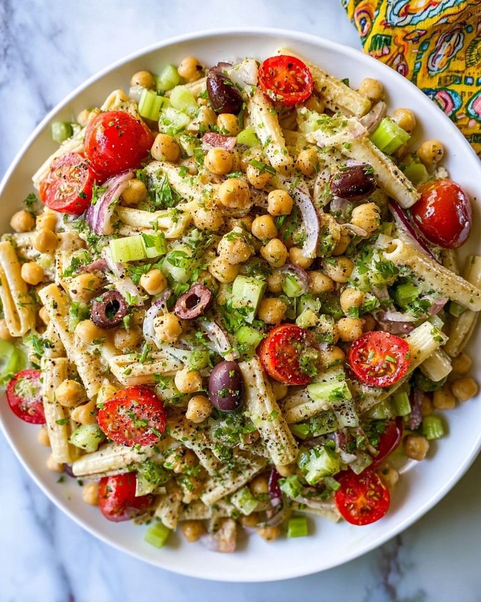 A white plate filled with a colorful Mediterranean pasta salad showing three main layers: the bottom layer of short, tube-shaped pale yellow pasta, the middle layer of small round beige chickpeas and diced light green cucumbers, and the top layer of halved bright red cherry tomatoes, sliced dark purple olives, and small chunks of white feta cheese mixed with green bell pepper pieces and herbs. The salad is lightly coated with a green herb dressing, topped with a sprinkle of black pepper, all set against a white marbled background photo taken with an iphone --ar 4:5 --v 7