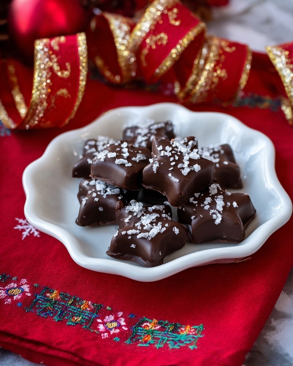 A white scalloped plate holds six small chocolate-covered treats shaped like stars and squares, each topped with small white sugar crystals; the plate rests on a bright red cloth with embroidered colorful patterns near the bottom edge and a decorative red ribbon with gold swirls loops behind it, adding a festive touch. Photo taken with an iphone --ar 4:5 --v 7