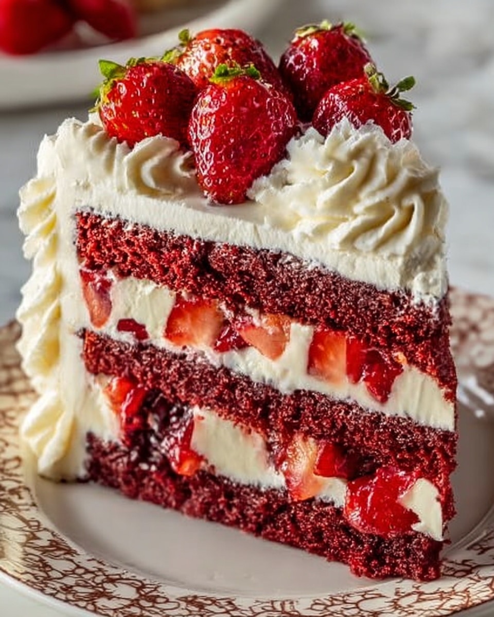 A slice of red velvet cake with four visible layers of soft, deep red sponge, each separated by thick layers of smooth white cream and bright red strawberry filling with pieces of strawberry inside. The top layer is covered with white cream and topped with whole and sliced fresh strawberries, with dollops of whipped cream around the base on a white plate with light brown designs, placed on a white marbled surface. photo taken with an iphone --ar 4:5 --v 7