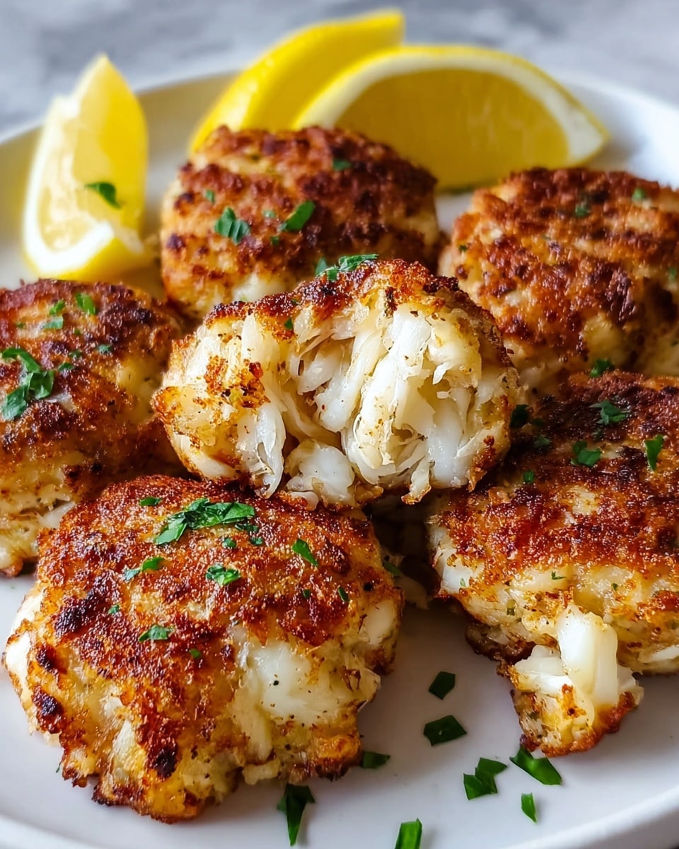 The image shows several golden brown crab cakes arranged on a white plate with a white marbled texture background. The crab cakes have a crispy, browned outer layer with a rough texture, and the inside is white and flaky with visible crab meat chunks. Small green herbs are sprinkled on top and around the crab cakes for garnish. To the left side of the plate, there are lemon wedges with a bright yellow color that adds a fresh contrast to the dish. The crab cakes are well-lit, highlighting their crispy texture and juicy inside clearly. photo taken with an iphone --ar 4:5 --v 7