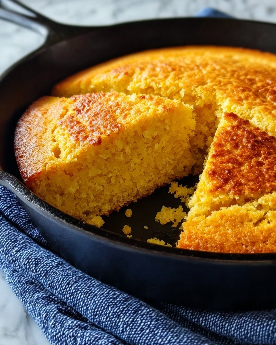 A single-layer golden brown cornbread with a slightly shiny and crispy top, sitting inside a black cast iron skillet. The cornbread has a soft, crumbly texture visible where a wedge has been cut out, showing its moist and dense yellow interior. The skillet rests on a blue and white striped cloth, with a white marbled surface beneath. Photo taken with an iphone --ar 4:5 --v 7