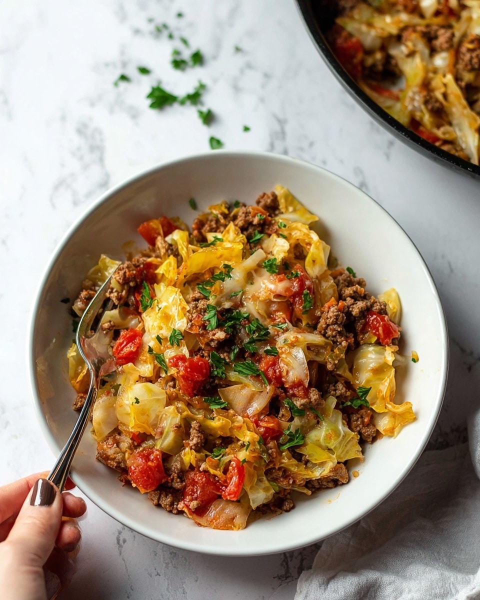 A white bowl filled with a layered mix of cooked cabbage pieces that are light green and soft, browned ground meat scattered throughout, and chunks of yellow and red tomatoes mixed in. Melted cheddar cheese is melted over the top, adding a rich orange color with stretchy, gooey texture. Fresh green parsley leaves are sprinkled across the dish for a touch of color. A silver fork is resting in the bowl with some of the food on its tines. The bowl sits on a white marbled surface with scattered parsley leaves around it. Photo taken with an iphone --ar 4:5 --v 7