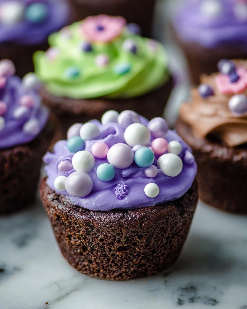 A close-up of a chocolate cupcake with three visible layers: the base is a textured dark brown chocolate cake, topped with a thick swirl of smooth purple frosting in the middle, and decorated on top with various round sprinkles in white, light purple, pink, and small blue dots, along with a few flat pink flower-shaped sprinkles. In the background, similar cupcakes show green frosting and decorations, all set on a white marbled surface. photo taken with an iphone --ar 4:5 --v 7