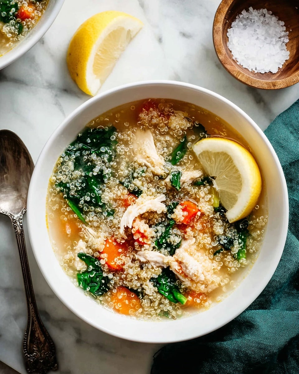 Two white bowls filled with quinoa soup are placed on a white marbled surface. The soup has three main layers: a clear golden broth at the bottom, small bright pieces of diced carrots and celery mixed with green leafy spinach scattered throughout, and chunks of white chicken meat on top. A bright yellow lemon wedge sits on the right edge inside the front bowl. A vintage silver spoon lies next to the bowls on the left side, while a small wooden bowl filled with coarse salt is visible in the top right corner. A soft green cloth is placed beside the bowls, adding a touch of color. The photo taken with an iphone --ar 4:5 --v 7