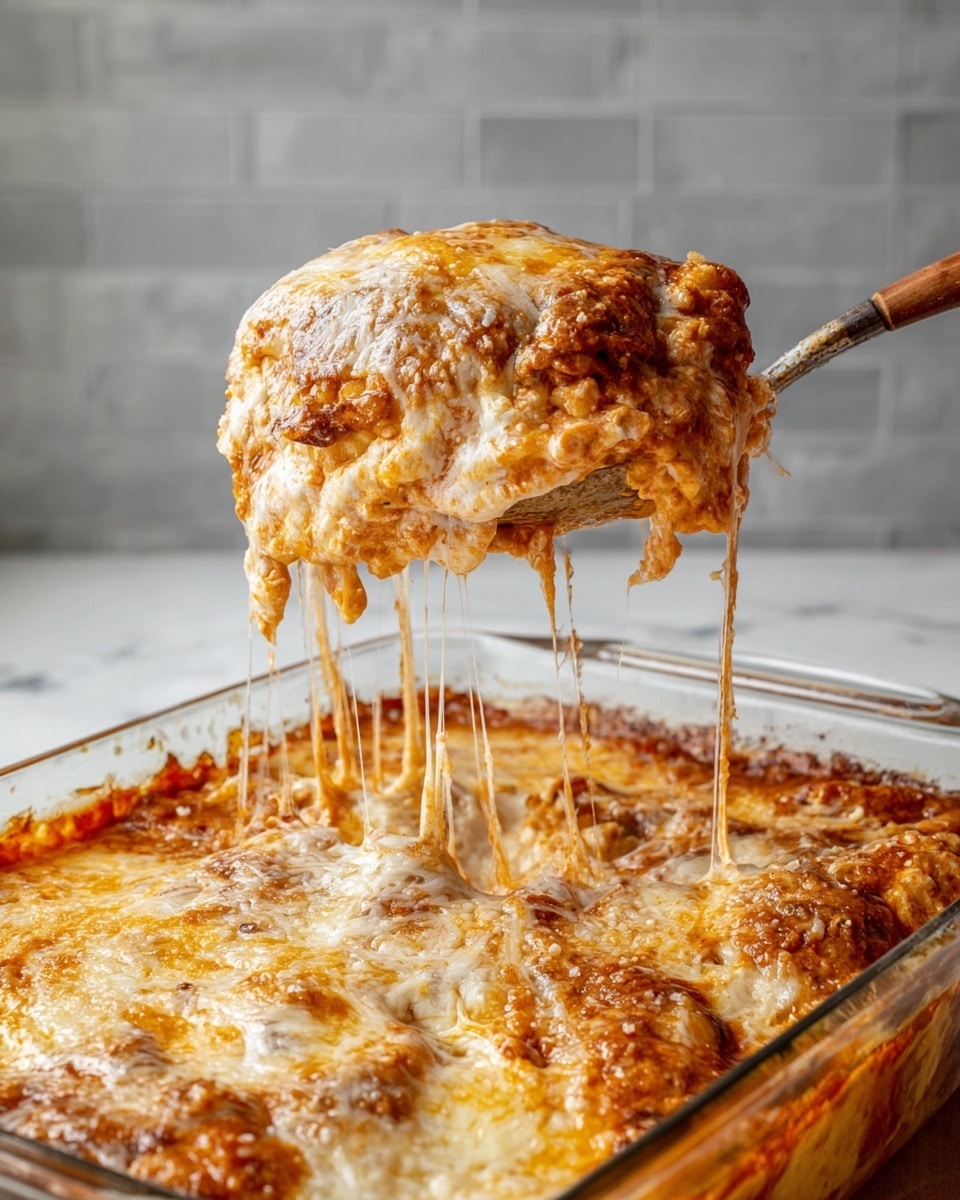 The dish is shown in a clear glass baking dish filled with a creamy mixture at the bottom, which is light beige with some red bits scattered throughout, likely tomato pieces or seasoning. On top, there are golden brown, crispy battered chunks spread evenly, creating a textured, crunchy layer. A metal spoon is dipped into the creamy layer, partially lifting some of the sauce, showing its thick, smooth consistency. The glass dish sits on a white marbled textured surface, highlighting the warm tones of the baked dish. photo taken with an iphone --ar 4:5 --v 7