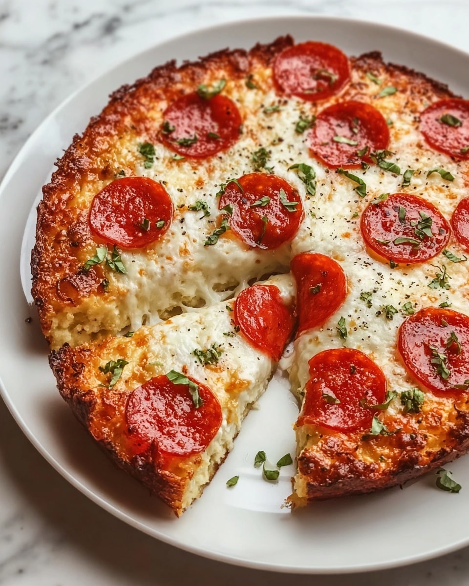 A round pizza with three visible layers sits on a white plate on a white marbled surface. The bottom layer is a thin, dark-looking crust, slightly crispy. The middle layer is thick and white, looking soft and fluffy. The top layer is golden melted cheese with scattered small green herb pieces, topped with shiny, crispy red pepperoni slices evenly spread across. A wedge slice is cut out, showing the clear thickness of the fluffy middle layer. Small herb pieces are also scattered around the plate. Photo taken with an iphone --ar 4:5 --v 7